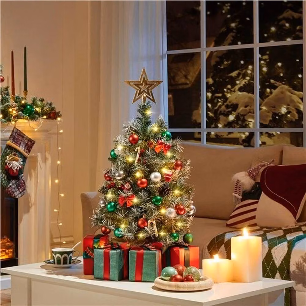 EONLION Set of 2 Pre-Lit Tabletop Christmas Trees with Multicolour LED Lights, Green and White, Height: 91.44 cm – 5