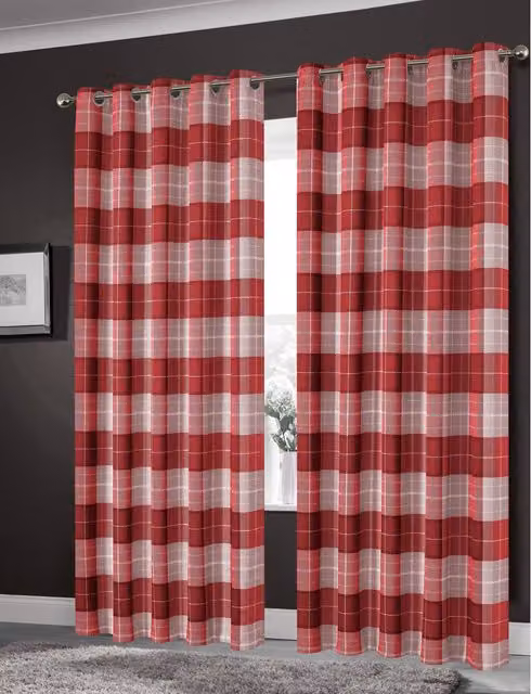 NewEdgeBlinds Red Checked Blackout Fabric Panel Curtains with Eyelets W: 117 cm, H: 137 cm