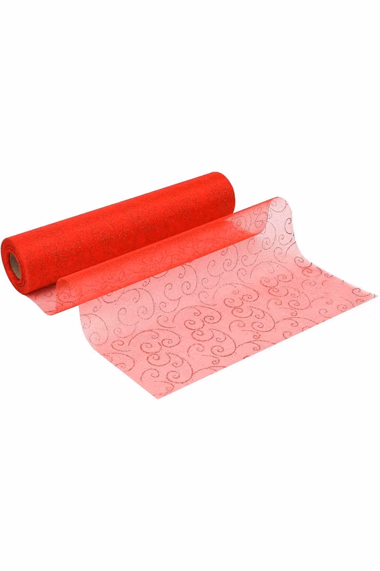 Neel Blue Organza Roll with Red Flocked Swirl Design, Sparkle Snow Sheer Glitter Fabric, W/H: 29 cm x 25 m