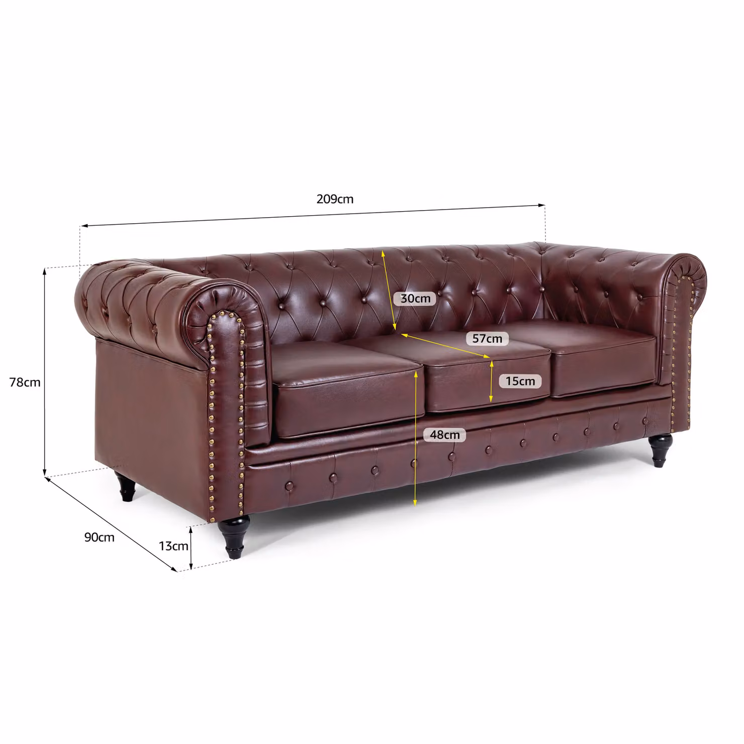 Bravich LTD Chesterfield 3-Seater Sofa in Brown Faux Leather – 2