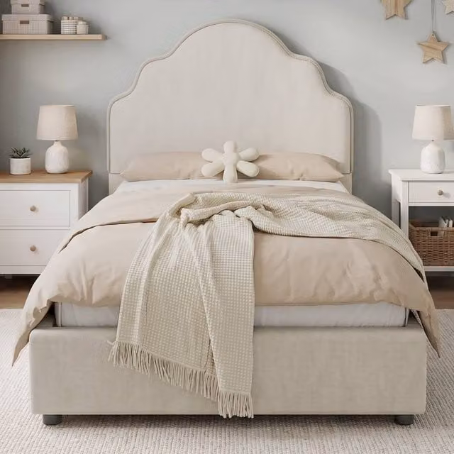 Merax Scalloped Upholstered Ottoman Bed Frame, Beige, W/D/H: 90 x 190 cm