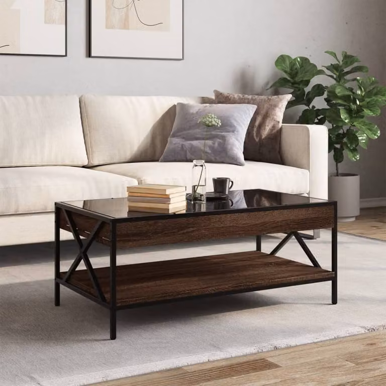 Berkfield Home Infinity LED Coffee Table in Brown Oak, W/D/H: 90 x 50 x 38 cm
