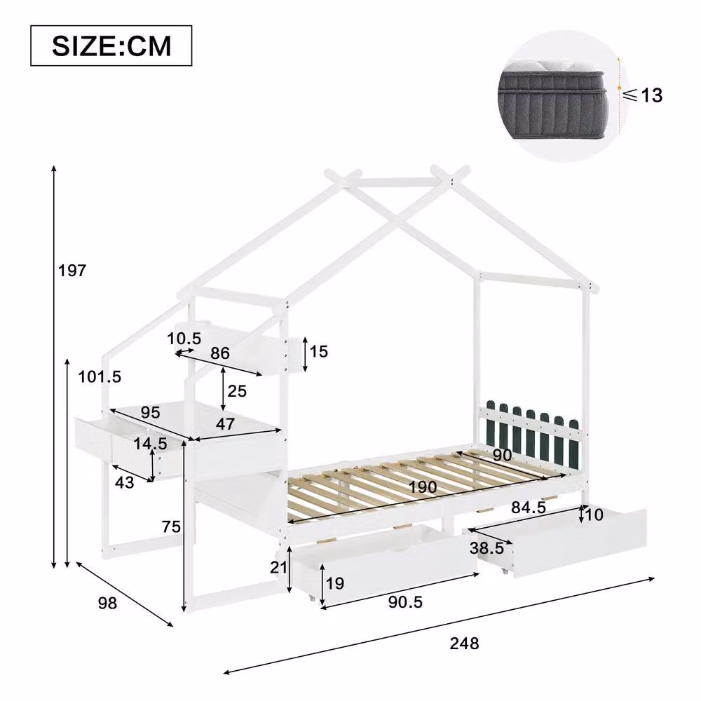 Merax White Wooden Childrens House Bed with Desk and Drawers, W/D/H: 197 x 90 x 120 cm – 2