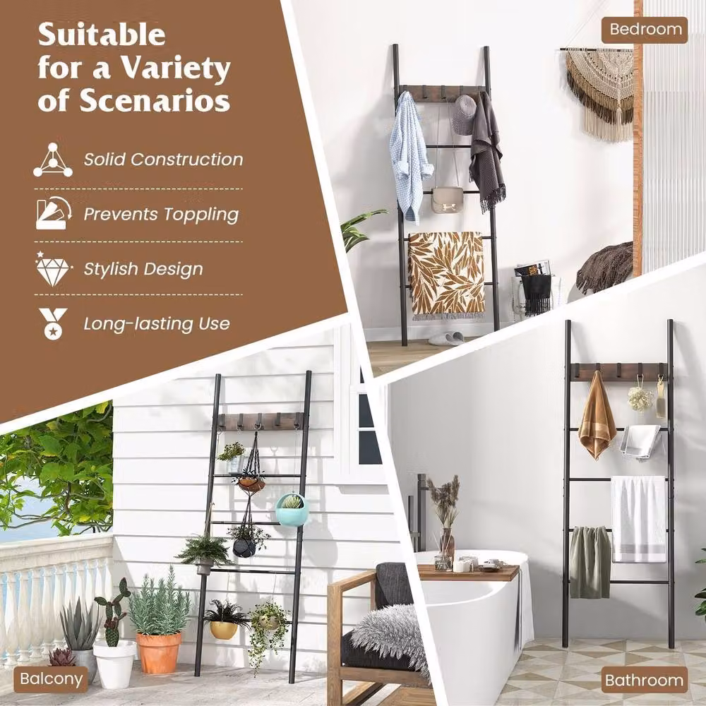Costway 5-Tier Wooden Blanket Holder Ladder Shelf with 5 Hooks in Brown – 5