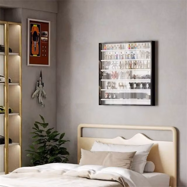 Nordara Black and White 7-Tier Wall Mounted Display Cabinet with Glass Doors and Internal Shelves, W: 100 cm, D: 15 cm