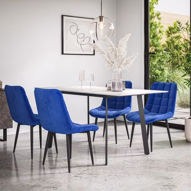 More4Homes Haydon Extending Marble Effect Dining Table Set with 6 Blue Nova Velvet Chairs
