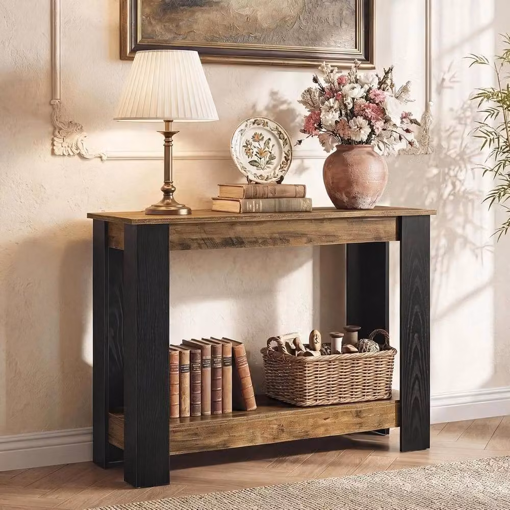 VOGREX Industrial Narrow Console Table with Storage Shelf in Brown and Black, W/D/H: 105.0 x 30.0 x 76.7 cm – 4