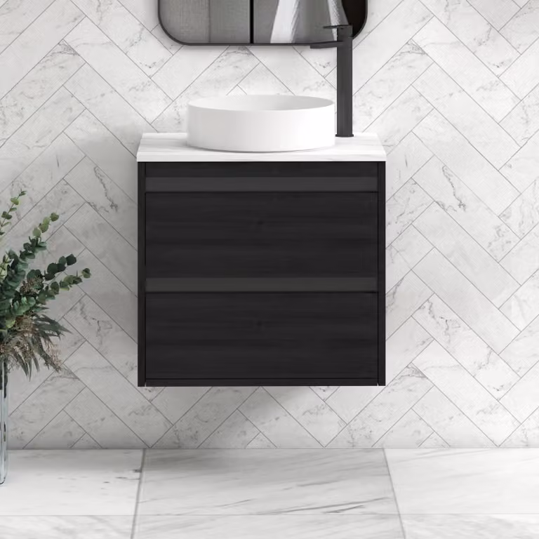 Royal Bathrooms Orion 600mm Hale Black Wall Hung Vanity Unit with 2 Drawers and Carrara White Undrilled Worktop
