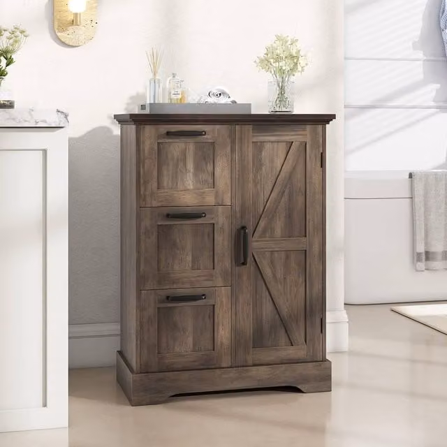 Costway Grey Farmhouse Accent Floor Cabinet with 3 Storage Drawers and Hinged Doors – 1