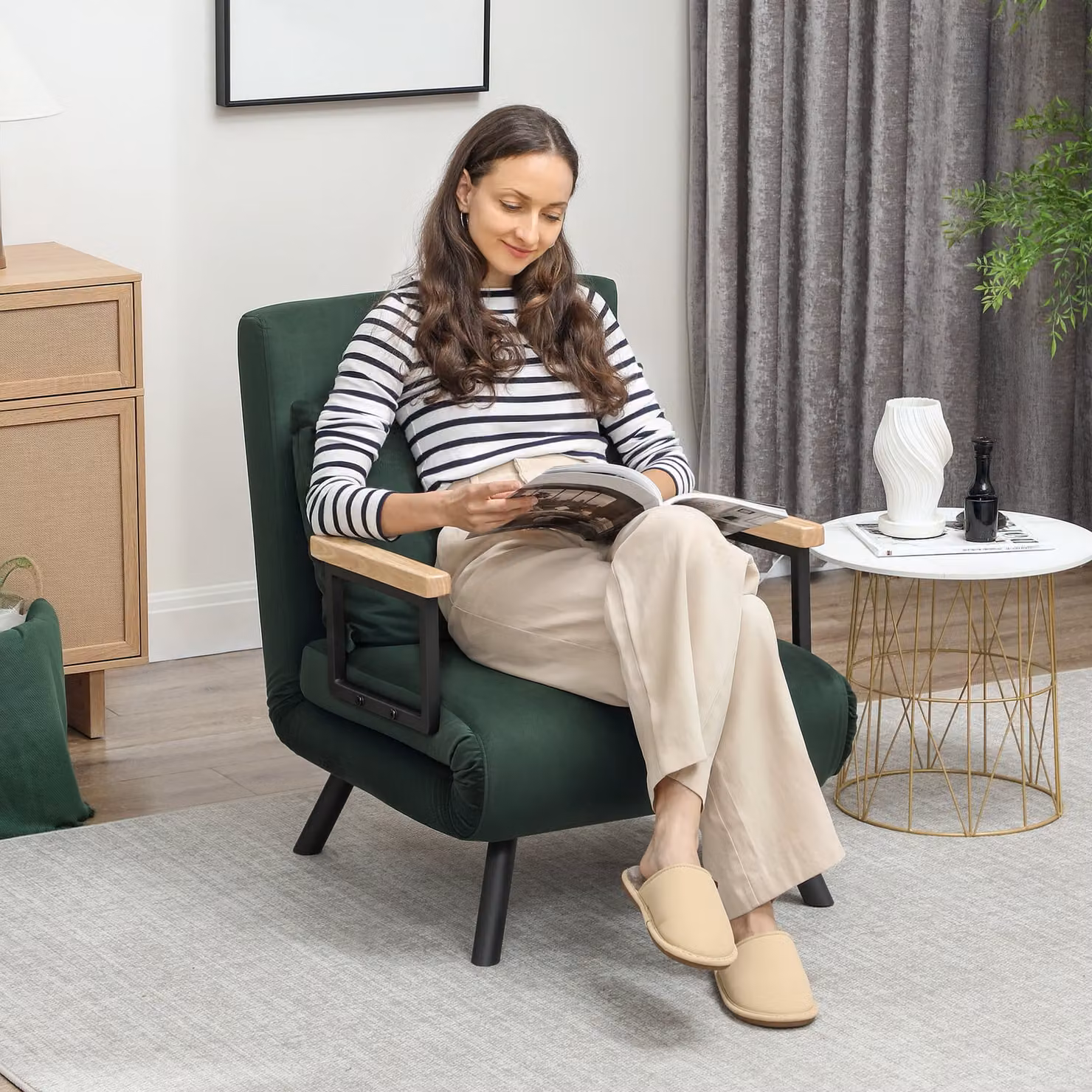 HOMCOM 4-in-1 Green Velvet Single Chair Bed with Armrests and Pillow – 2