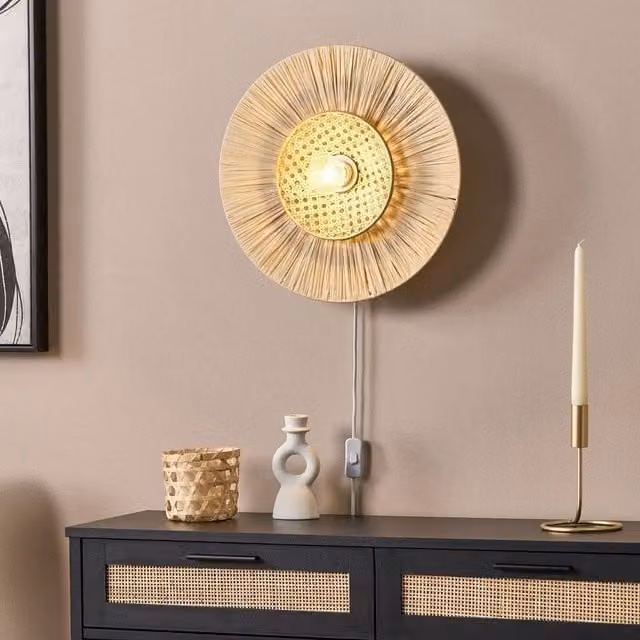 Wyld and Coco Japandi Wall Lamp in Beige with Natural Paper and Rattan Shade
