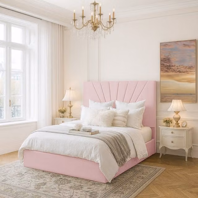 Desire Deco Flora Upholstered Velvet Bed Frame in Pink, 120 x 200 cm