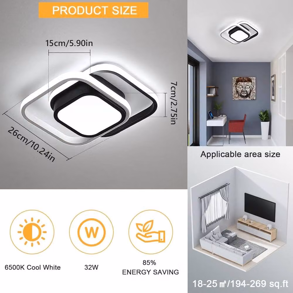 Goeco LED Square Flush Mount Ceiling Lights, 32W, 6500K, Black – 3