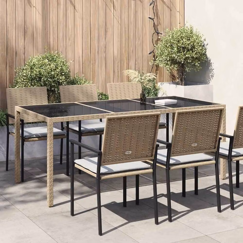 Berkfield Home Beige Extendable Rectangular Garden Table with Tempered Glass and Poly Rattan W/D/H: 190 x 90 x 75 cm – 2