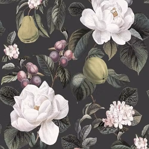 Holden Decor Pyrus Fruits Pears Plums and Blossoms Themed Botanical Wallpaper in Charcoal Grey – 1
