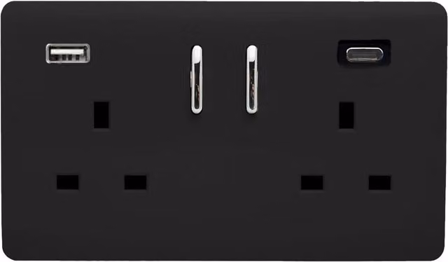 Trendi 2 Gang 13 Amp USB Plug Socket with Type A and C Ports in Matt Black – 1