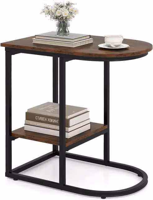 Gymax Modern C-shaped End Table with Storage Shelf in Brown – 1