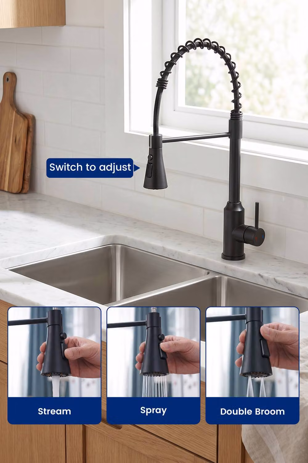 JANLEMNY Matte Black Kitchen Mixer Tap with 360 Degree Swivel Spout and Spray Function – 2