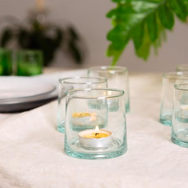 Nicola Spring Merzouga Moroccan Recycled Glass Tealight Holder, Set of 3, Transparent, Green and White