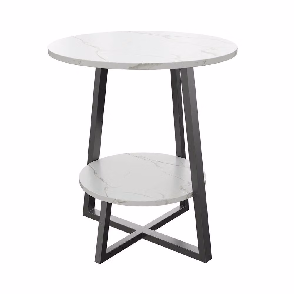 SPETLEK Round 2 Tier Marble Effect Side End Table in White – 3