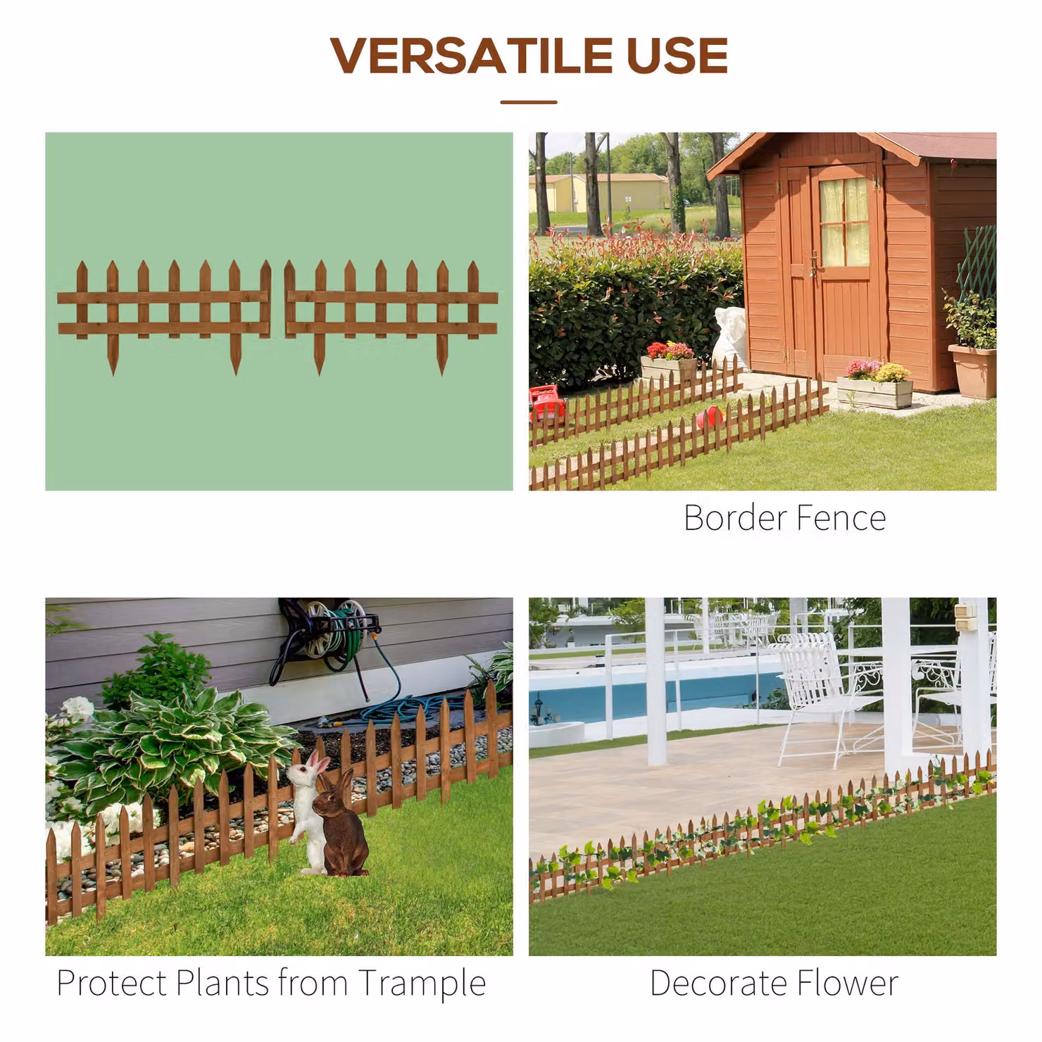 Outsunny Pack of 24 Brown Wooden Garden Border Fences for Lawn Edging and Flowerbeds, W/D/H: 60 x 1 x 34 cm – 5