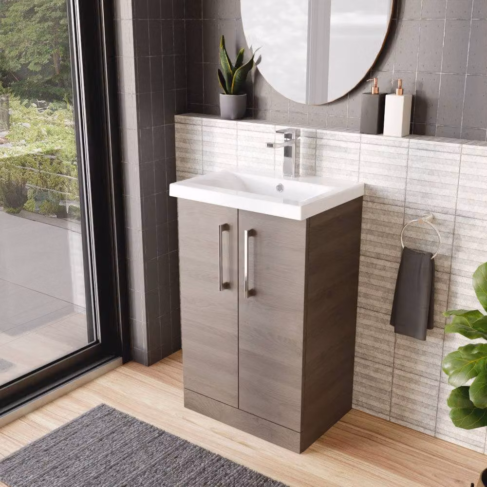 Balterley Contemporary Floor Standing 2-Door Bathroom Vanity Unit with Mid-Edge Ceramic Basin, Solace Oak Brown, W/D/H: 51 x 39 x 84 cm – 4