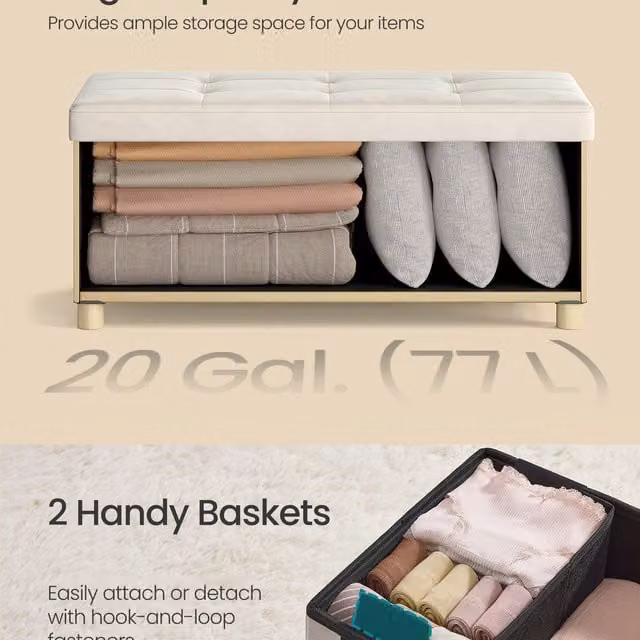 SONGMICS Velvet Foldable Storage Ottoman, Light Coffee, W: 76 cm, D: 38 cm, H: 38.5 cm