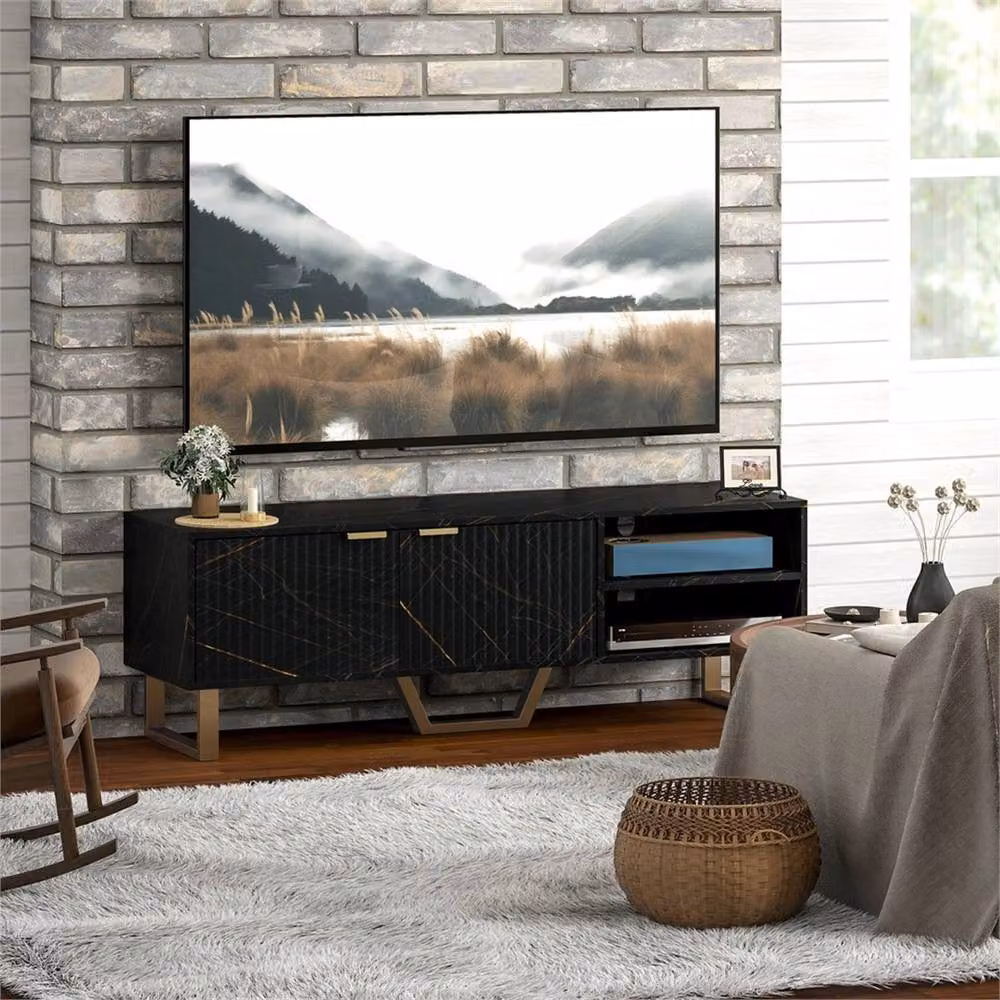 Nordara Modern Black and Gold TV Stand Cabinet with Metal Details, W: 140.0 cm, D: 39.0 cm, H: 47.0 cm – 4