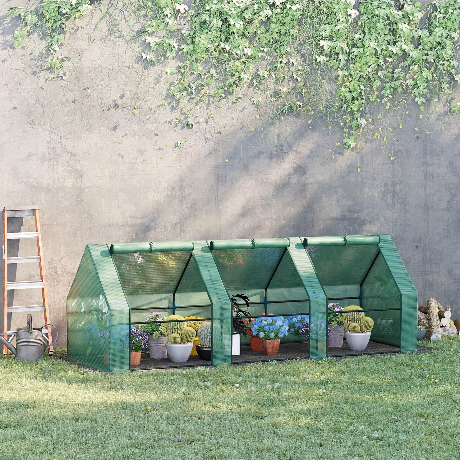 Outsunny Green Steel Frame Gable Poly Tunnel Greenhouse, W: 270 cm, D: 90 cm, H: 90 cm – 2