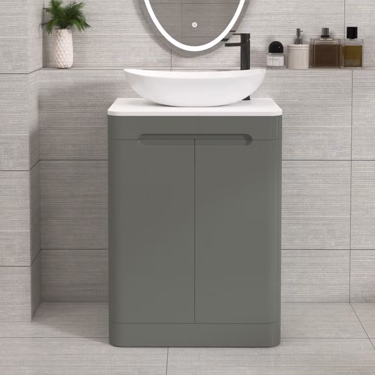 Royal Bathrooms Venice 600mm Sage Green Floor Standing 2 Door Vanity Unit with Plain White Worktop and Cesar Basin