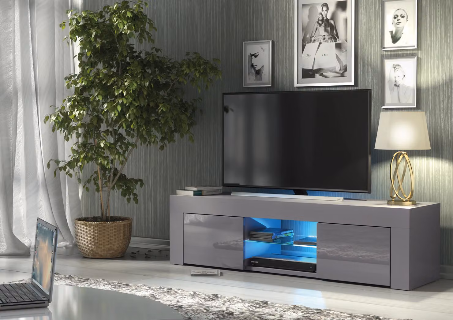 Mex Furniture LTD Modern Glossy TV Unit with LED Lights in Dark Grey, W: 130 cm, D: 35 cm, H: 35 cm – 3