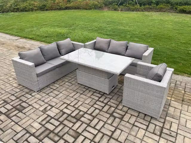Fimous Light Grey PE Rattan Garden Furniture Set with Height Adjustable Lifting Table and Armchair