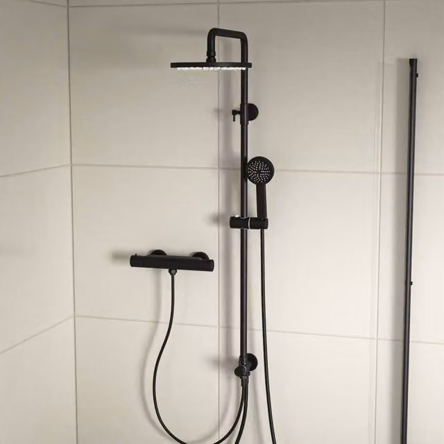 Nes Home Round Exposed Shower with Handset and Thermostatic Valve in Matte Black – 1