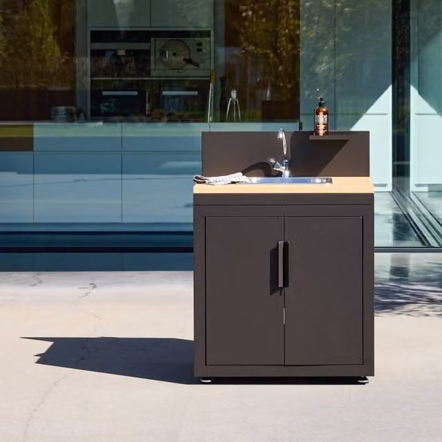 sweeek Outdoor Kitchen in Black with Steel and Wood Decor, 1 Sink, 2 Doors and 1 Hook, W: 80 cm, D: 60 cm, H: 110 cm