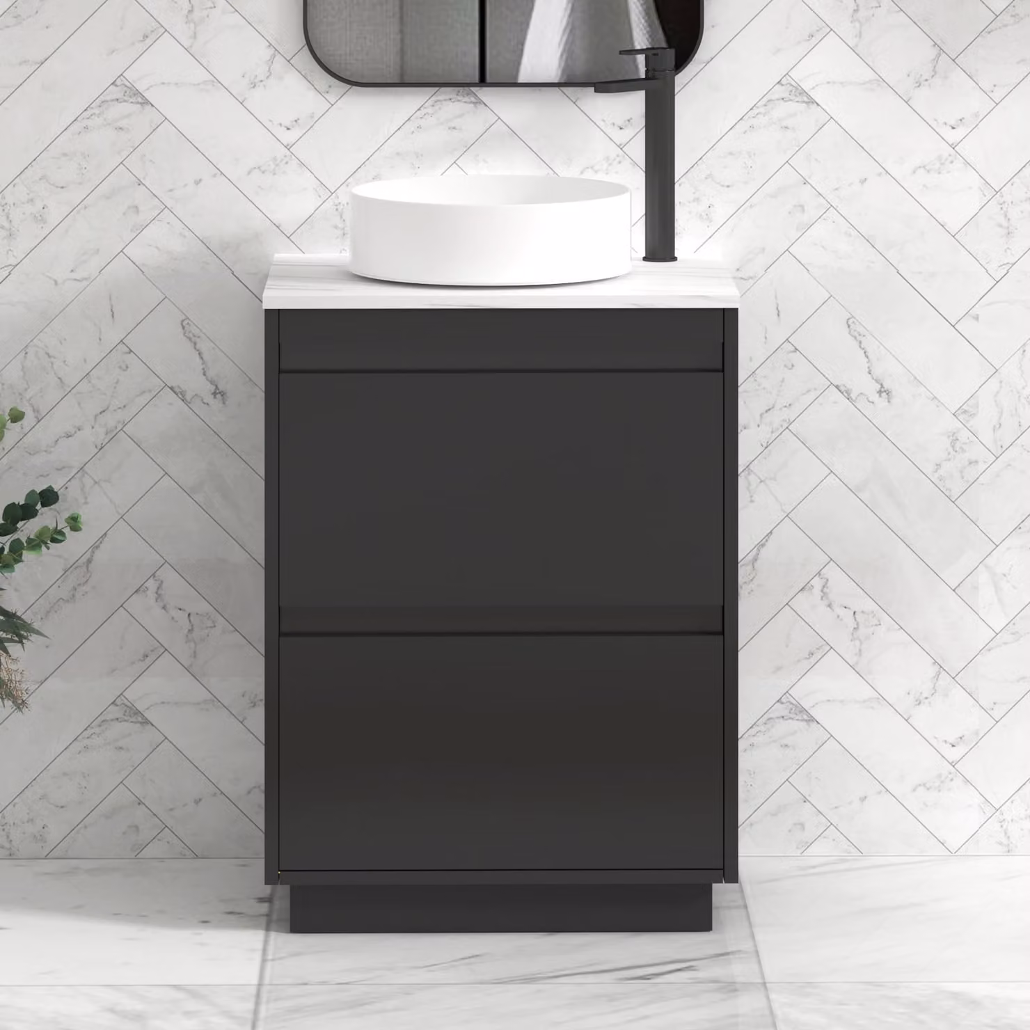 Royal Bathrooms Orion 600mm Matt Obsidian Black Floor Standing Countertop Vanity Unit with 2 Drawers, Art Basin and Black Accent Trim