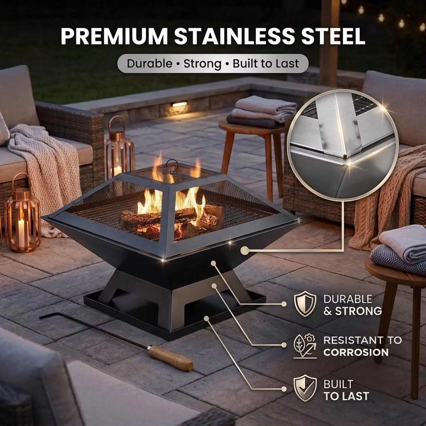 Alivio Black Metal Square Charcoal Fire Pit Table with Poker, W/D/H: 45 x 45 x 45 cm – 2