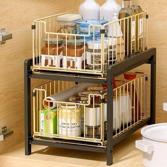 KORVIXA Black and Gold 2-Tier Metal Under Sink Organizer Shelf, W/D/H: 50 x 50 x 50 cm