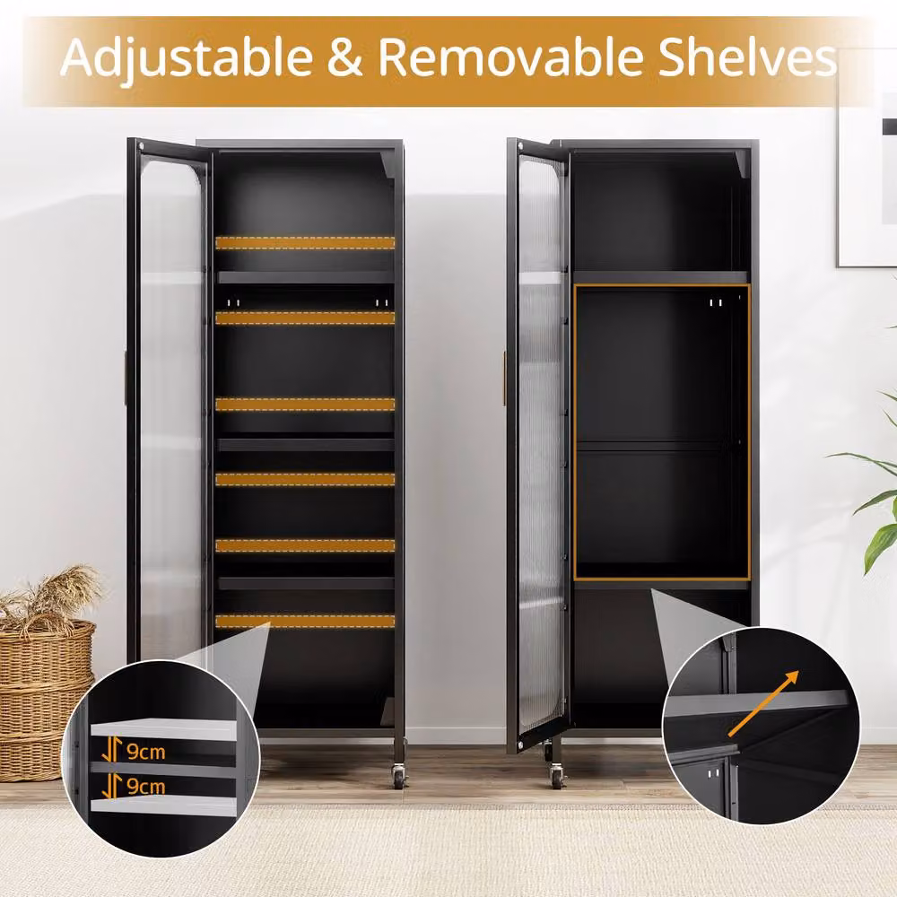 Gymax 5-Tier Metal Storage Cabinet in Matt Black with Wheels for Kitchen and Home Office – 5