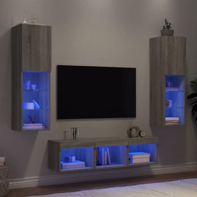 Berkfield Home 5 Piece Modern Wall Mounted TV Unit Set with Integrated LED Lighting in Grey Sonoma Matt Finish