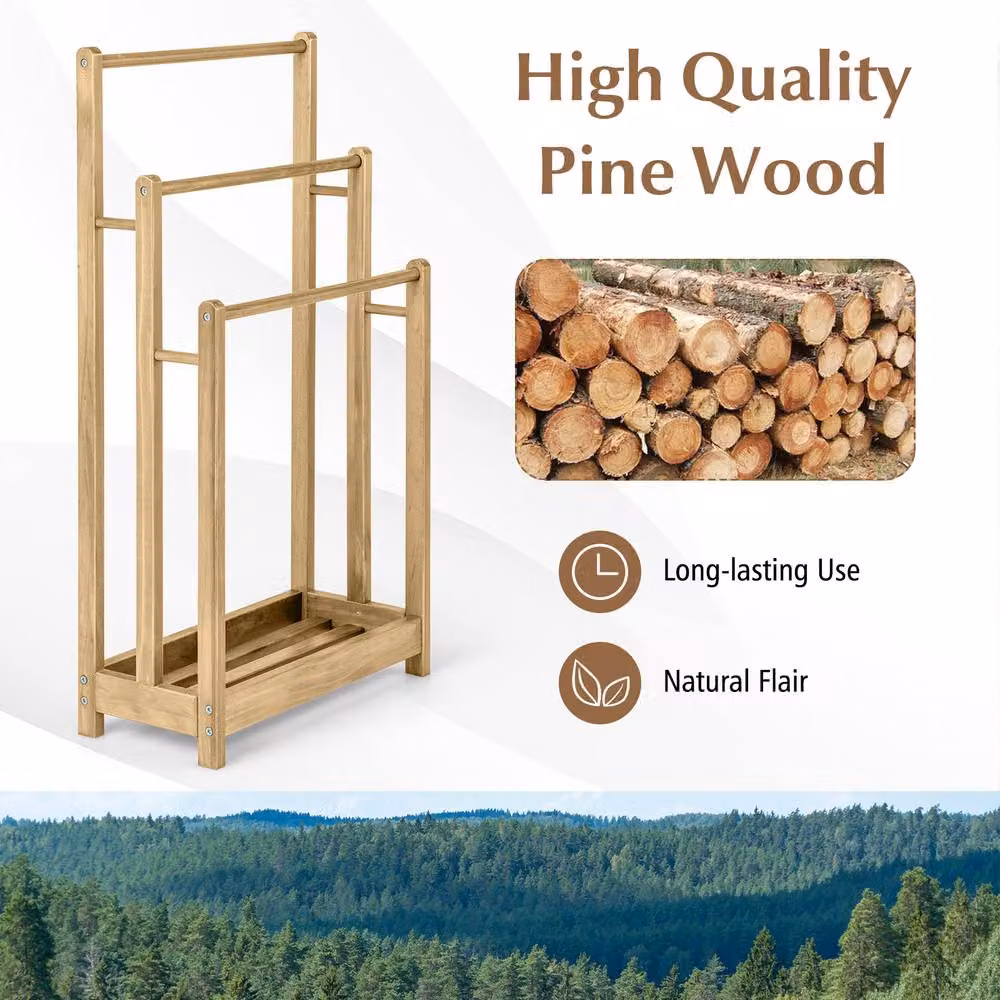 Costway 3-Tier Wooden Towel Rack and Freestanding Bathroom Drying Stand in Natural Brown – 2
