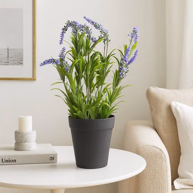Voltico Artificial Potted Lavender Plant in a Black Pot, Green and Purple, Height: 38 cm