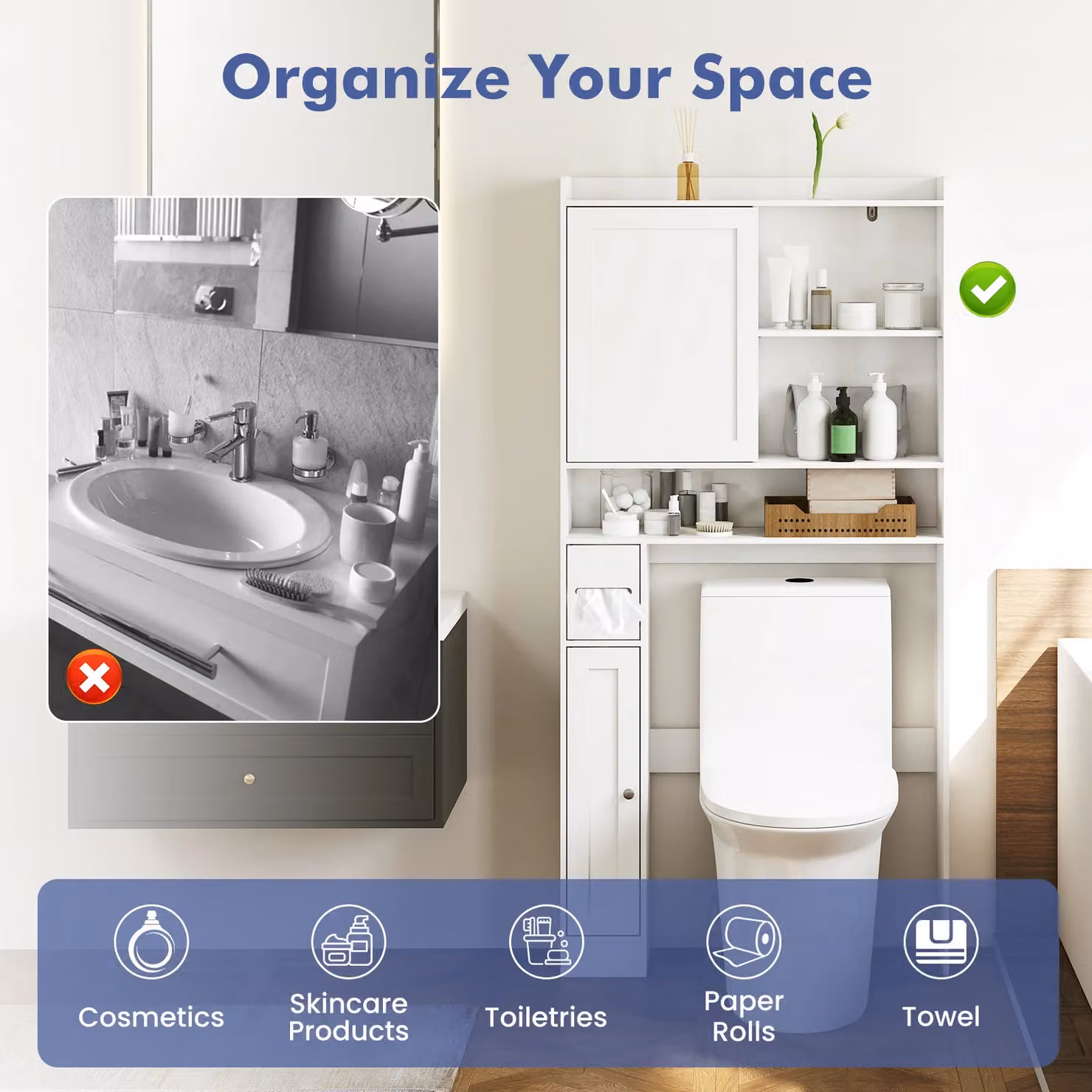 Gymax White Over-the-Toilet Bathroom Cabinet with Sliding Doors and Open Shelves – 2