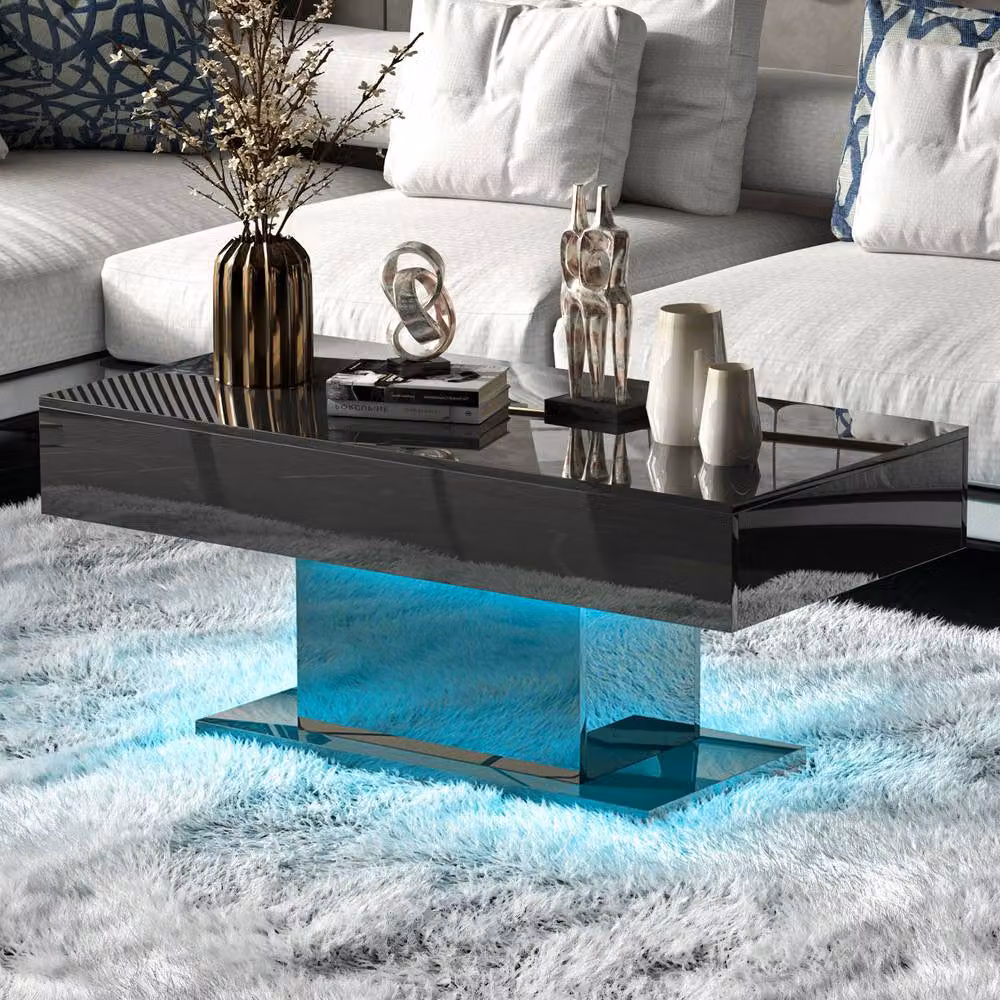KEEPREAPER High Gloss Rectangular Coffee Table with 16-Colour LED Light in Black – 7