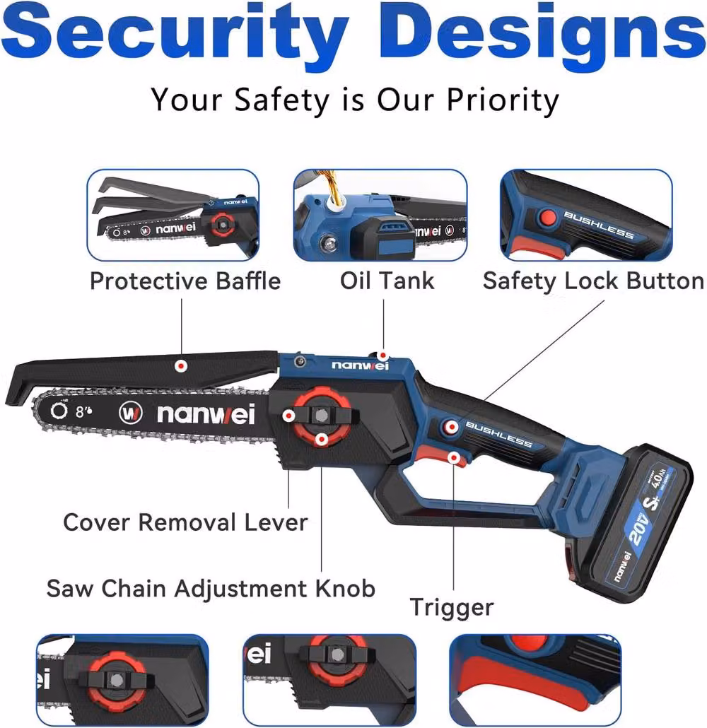NANWEI 8 Inch Cordless Mini Chainsaw in Blue and Multicolour with 2 Batteries and 2 Chains – 5