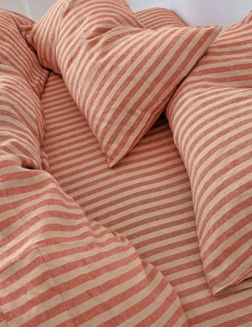 Piglet In Bed Pure Linen Pembroke Stripe Fitted Sheet, Red Mix, W/D/H: 180 x 200 cm