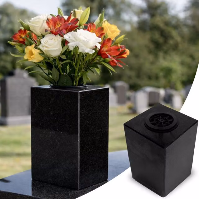 Novecrafto Classic Square Granite Memorial Vase in Black and Grey for Cemetery or Garden – 1