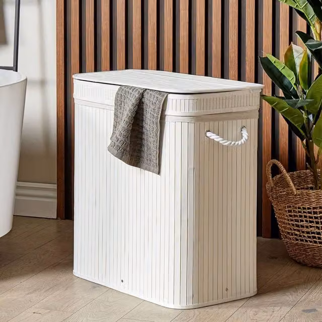 Wyld and Coco Bamboo Laundry Hamper with Zippered Lid and Two Compartments, White – 1