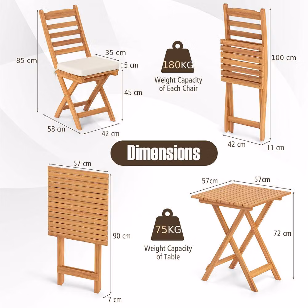 Costway 3 Piece Acacia Wood Bistro Set with Folding Patio Chairs and Table in Natural Brown – 2
