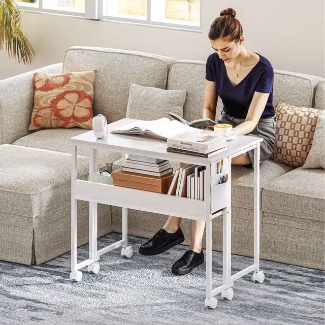 HOMCOM White Folding Computer Desk with Open Shelf, Storage Bag and Castors