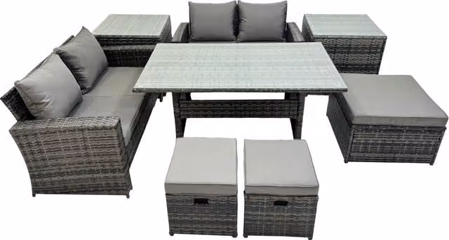 Fimous 7 Seater Outdoor Dining Set with Double Seat Sofa, 2 Side Tables and 3 Stools in Dark Grey